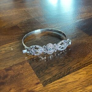 Silver-Tone Filigree Bangle Bracelet with Clear Crystal Accents